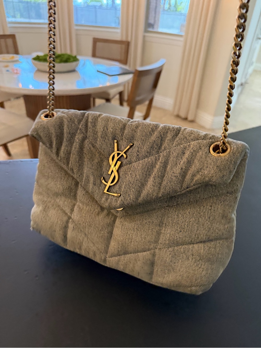 Saint Laurent Quilted Denim Shoulder Bag with Gold YSL Hardware - Picture 2 of 10